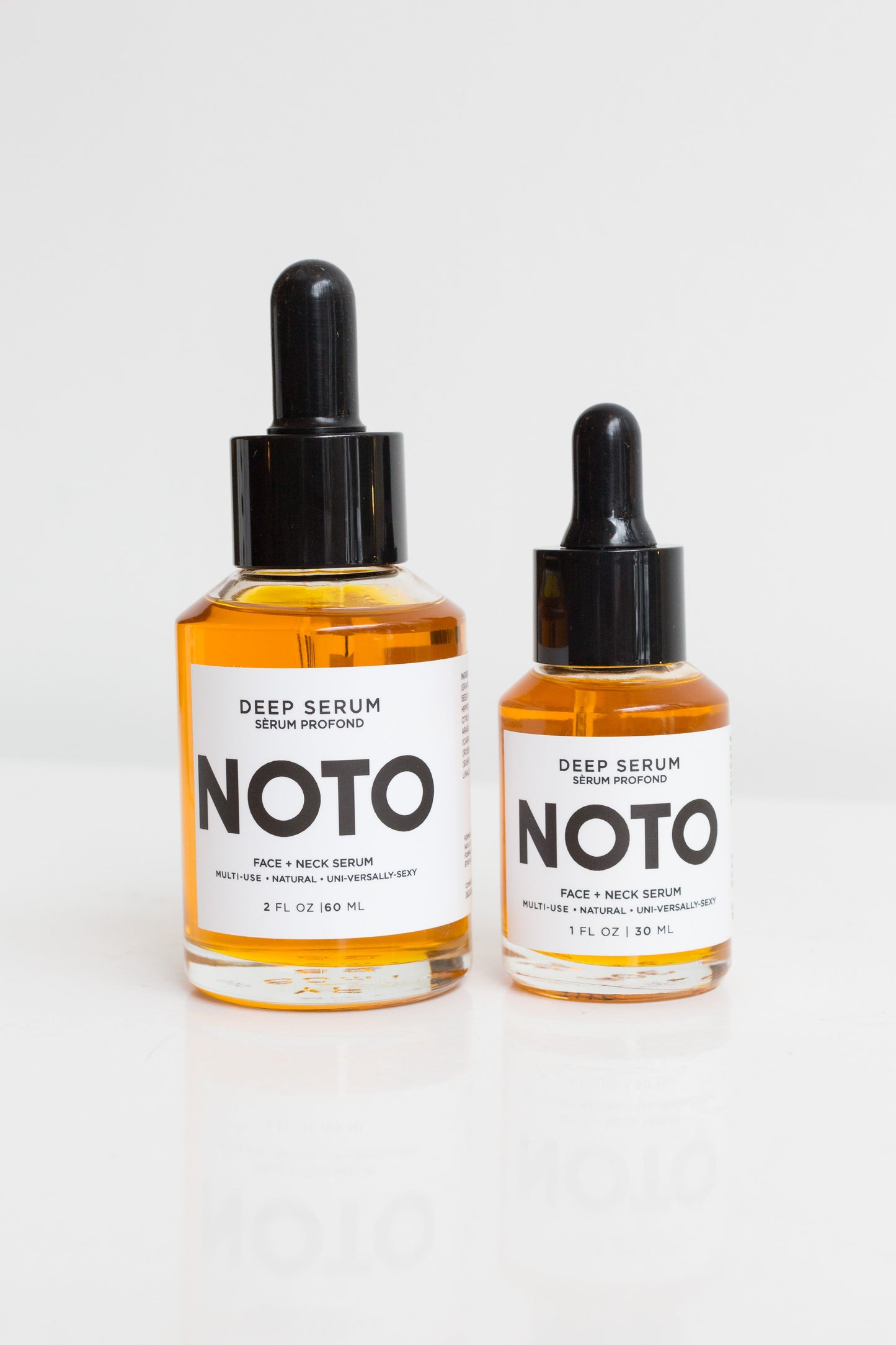 Bottles of Noto Deep Serum to brighten and protect your skin with hydration rich, age managing elements and fresh notes that will deeply penetrate skin and senses