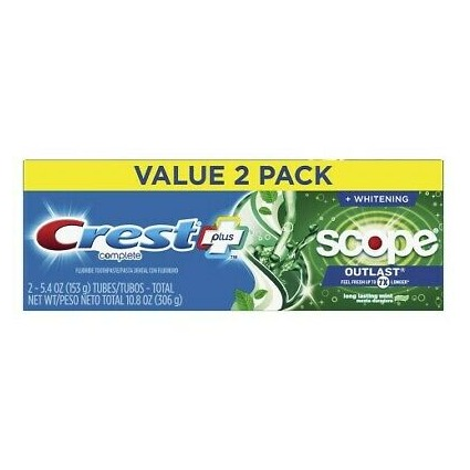 Crest + Scope Outlast Complete Whitening Toothpaste Mint, 5.4oz 2 Pack